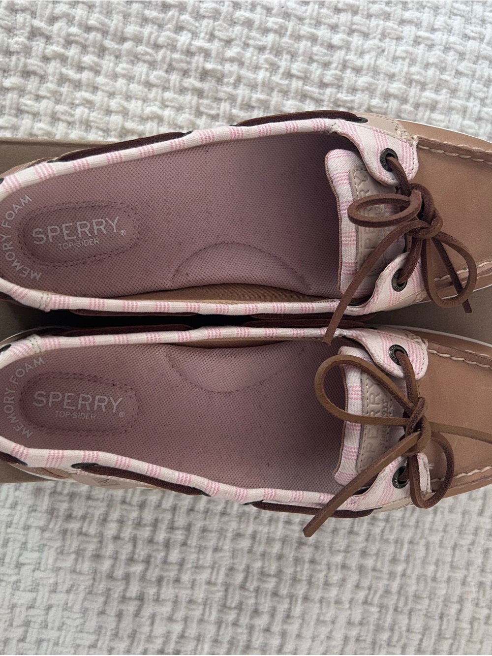 Sperry Tan Leather Boat Shoes with Pink Trim